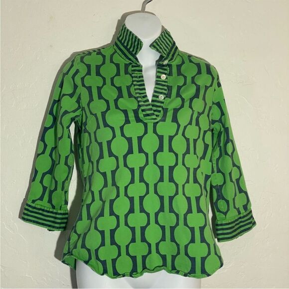 Gretchen Scott green and blue collared top - Picture 1 of 7
